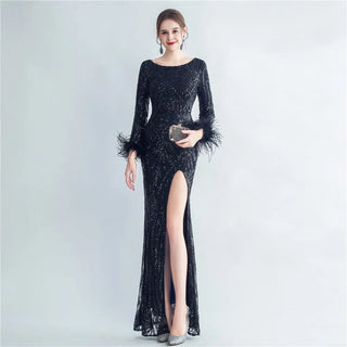 Stretch Feather Sequin Full Sleeve Evening Maxi Dress