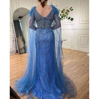 Arabic Blue Mermaid Elegant Cape Sleeves Feather Luxury Beaded Evening Dress - 2024 Collection