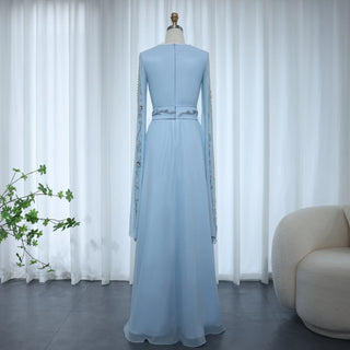 Dubai Blue Evening Dress for Women Elegant Long Sleeves Muslim Arabic Formal Wedding Party Gown