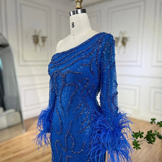 Ships in 1 to 3 Days - Blue Mermaid Elegant One-Shoulder Beaded Feathers Luxury Evening Dress Gown for Women's Wedding Party 2024