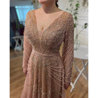 Gold A-Line Luxury Sexy Evening Dress 2024 - Pearls Crystal Long Sleeves Formal Gown