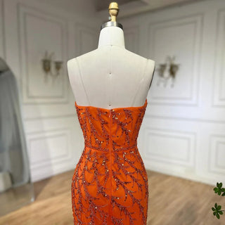 Ships in 1 to 3 Days - Sunkissed Glamour: Orange Spaghetti Strap Mermaid Evening Gown - Luxury Feather and Bead Detail for Women's Wedding Party