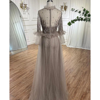 Caramel A-Line Crystal Beaded Evening Dress 2024 with O-Neck and Long Sleeves for Women's Wedding Party