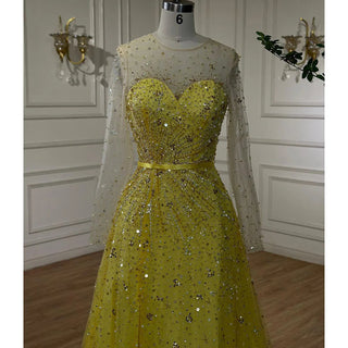 Arabic Yellow Illusion High Split Luxury Beaded Dubai Evening Dress: Elegant Gown for Women's Wedding Party 2024