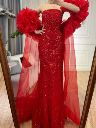 Ships in 1 to 3 Days - Red Long Cape Mermaid Evening Dress with Puff Sleeves, Beaded Overskirt, and Elegant Design for Women's Party