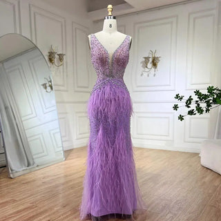 Lilac Luster: Feathers Mermaid Evening Dress with Champagne Beaded Elegance - Perfect for Women at Wedding Parties and Proms.