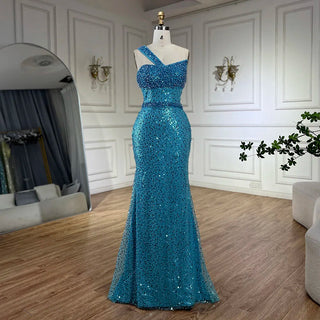 Ships in 1 to 3 Days - Luxury Blue One-Shoulder Mermaid Evening Dress - Dubai Gown with Beading for Women's Party 2024