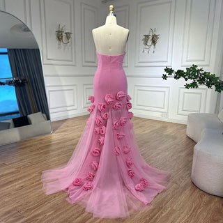 Ships in 1 to 3 Days - Mermaid Evening Dress for Girls: Arabic Pink 3D Flowers Elegant Strapless Dress with Side Slit Prom Party Gowns