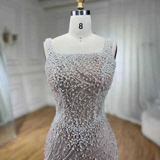 White Nude Spaghetti Strap Mermaid Evening Dress - Luxury Pearls Beaded Gown for Women's Wedding Party (2024)