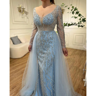 Arabic Caramel Mermaid Evening Gown 2024: Elegant With Overskirt, Beaded Luxury for Women's Party