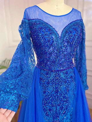 Muslim Blue Elegant Mermaid Luxury Evening Dress - Women's Party Gown 2024 with Beaded Over Skirt