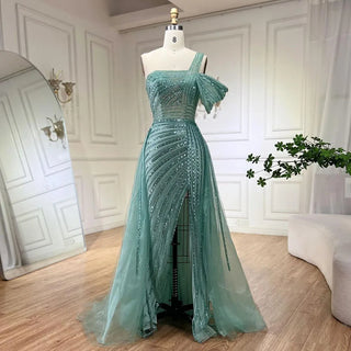 Turquoise Elegant One-Shoulder Mermaid Evening Gown 2024 with High Split - Perfect for Women's Wedding Parties