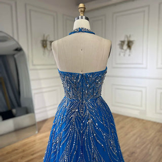 Ships in 1 to 3 Days - Elegant Blue Arabic A-Line Halter Gown Luxury Dubai Evening Dress for Women - Wedding Party 2024