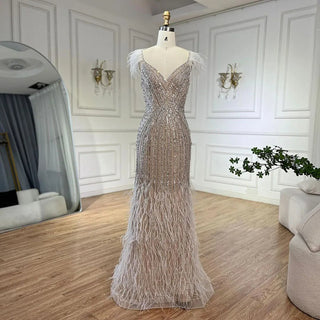 White Nude Feathers Beaded Spaghetti Strap Luxury Dubai Evening Dresses Gowns For Women Wedding Party 2024