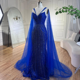 Arabic Blue Mermaid Elegant Evening Gown 2024: Cape Sleeves, Beaded, for Women's Wedding Party