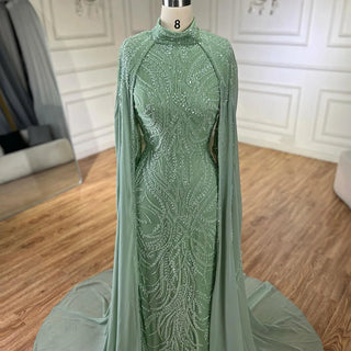 Ships in 1 to 3 Days - 2024 Muslim Sage Green Mermaid Cape Sleeves Beaded Satin Luxury Evening Dresses Gowns for Women Party