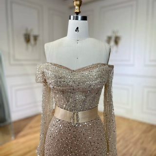 Arabic Nude Elegant One Shoulder Beaded Luxury Dubai Evening Dresses Gowns For Women Wedding Party 2024