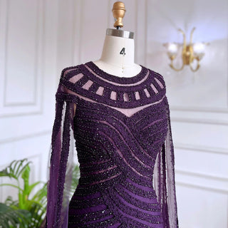 Arabic Purple Elegant Mermaid Cape Sleeves Lace Beaded Evening Dress - Women's Wedding Party Gown 2024