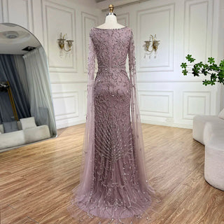 Ships in 1 to 3 Days - 2024 Arabic Caramel Mermaid Long Evening Dress with Beaded Cape Sleeves Gown for Women's Wedding Party