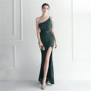 Sexy Sequin Beaded Evening Dress with Slit - Slash Neck Maxi Prom Party Dress