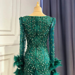 Green Elegant Mermaid Evening Dress: 2024 Beaded Feather Luxury for Women's Party