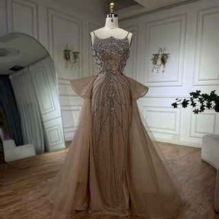 Nude Beaded Spaghetti Strap Evening Gown with Overskirt – Custom 2025 Saudi Design