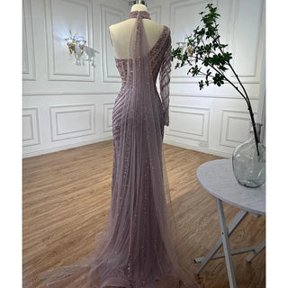 Arabic Pink Mermaid Evening Dress 2024 - Cape Sleeve, High Split, Beaded Gown for Women's Wedding Party