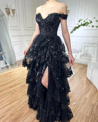 Arabic Black High Split Spaghetti Strap A-Line Lace Beaded Evening Dresses Gowns for Women's Wedding Party