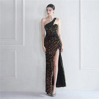 Sexy Black Velour Sequin Evening Dress with Slit - Slash Neck Party Maxi Prom Dress