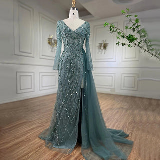 Ships in 1 to 3 Days - Turquoise High Split Mermaid Long Sleeves Evening Dress with Beading for Women Wedding Party