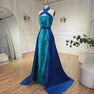 Arabic Blue Contrast Evening Dress with Overskirt - Criss Cross Halter Women's Wedding Party Dress 2024