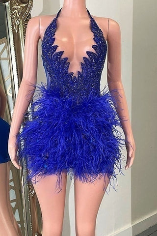 Plunging Feather-Embellished Mini Dress with Scalloped Detailing