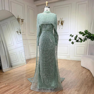 Luxurious Dubai Arabian Nude Mermaid Evening Dress with Long Cape - Elegant Gown for Women's Wedding Party 2024