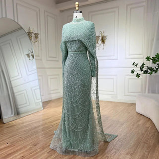 Luxurious Dubai Arabian Nude Mermaid Evening Dress with Long Cape - Elegant Gown for Women's Wedding Party 2024