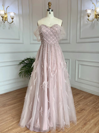 Luxury Feather Pink Dubai Evening Dresses: Elegant Off-Shoulder, Beaded Champagne Formal Dress for Women at Weddings