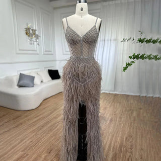 Arabic Pink Mermaid Split Feathers Beaded Formal Sexy Prom Dress - Women's Wedding Party 2024