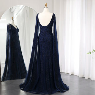 Exquisite 2024 Arabic Mermaid Evening Gowns in Luxurious Black: Featuring Cape Sleeves and Beaded Details for Women's Wedding and Party Attire in Dubai