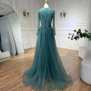 Ships in 1 to 3 Days - 2024 Dubai Gray Long Sleeves Mermaid Beaded Arabic Luxury Evening Dress: Gowns for Women's Wedding Party