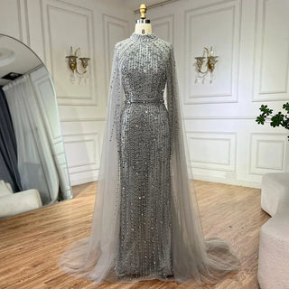 Modest Nude Mermaid Evening Dress with Cape Sleeves - Pearls Beaded Luxury Dubai Gown for 2024 Women's Wedding Party