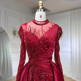 Wine Red Mermaid Luxury Lace Beaded Satin Evening Dresses: Dubai Formal Gowns 2024 for Women's Wedding Party