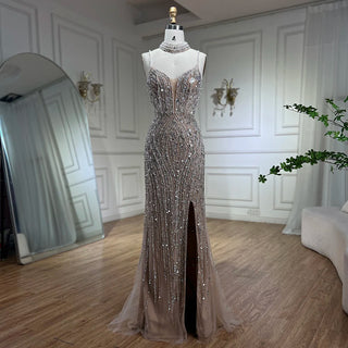 Silver Nude Mermaid Split Strap Evening Dress: Spaghetti Strap, Beaded Prom Gown for Women's Party 2024