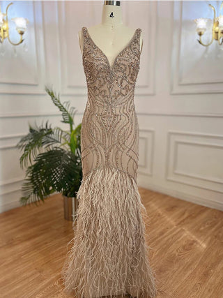 Caramel Mermaid Beaded Evening Gown 2024 with Feather Detail - Elegant Luxury for Women's Wedding Parties