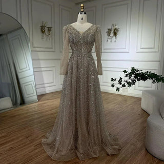 Arabic Pink A-Line Elegant Long Sleeves Evening Dress - Luxury Beaded Gown for Women's Wedding Party 2024