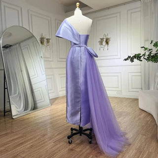 Lilac Satin Mermaid Evening Gown 2024: One-Shoulder Beaded Tea-Length for Women's Wedding Party