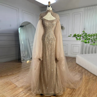 Dubai Caramel Dream: 2024 Mermaid Long Cloak Beaded Pearls Luxury Evening Gown - Dress for Women's Wedding Party