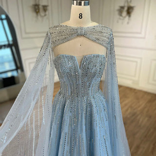 2024 Arabic Blue Cape Sleeves A-Line Beaded Evening Dress | Long Celebrity Gown for Women's Wedding Party