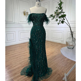 Green Mermaid High Split Evening Dress - Luxurious Beaded Feather Embellishments for Women's Wedding, Prom, or Party 2024