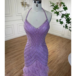 Lilac Elegance: 2024 Luxury Dubai Feathered Evening Dresses - Halter Mermaid Style