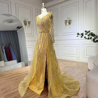 Ships in 1 to 3 Days - 2024 Muslim Gold Mermaid Evening Gown - Luxury Beaded Dress with Overskirt for Dubai Parties