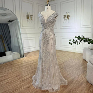 Ships in 1 to 3 Days - Dubai Beige Elegant Sleeveless Mermaid Beaded Arabic Evening Dresses Gowns for Women Wedding Party 2024